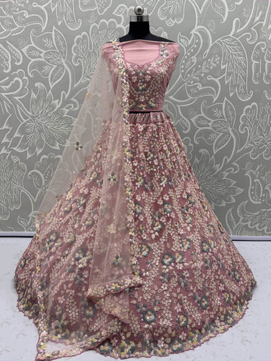 Tantalizing Pink Net Sequins Engagement Wear Lehenga Choli